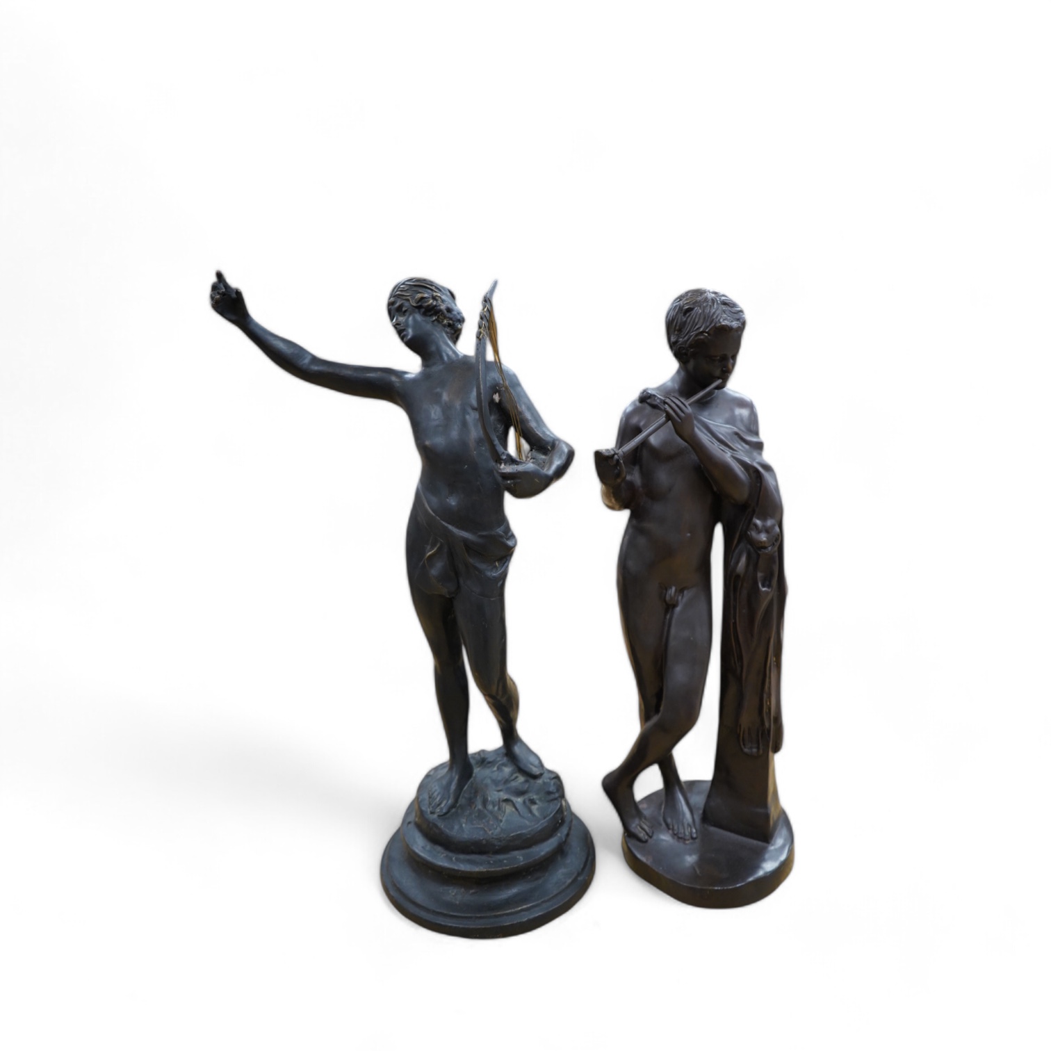 After the Antique, two spelter figures including a faun, largest 66cm high. Condition - fair